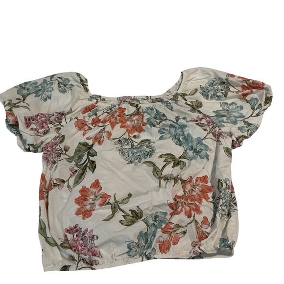Enfocus Studio Tops - Floral Blouse Women Large Cream Pink Blue Puff‎ Sleeve Crop Top